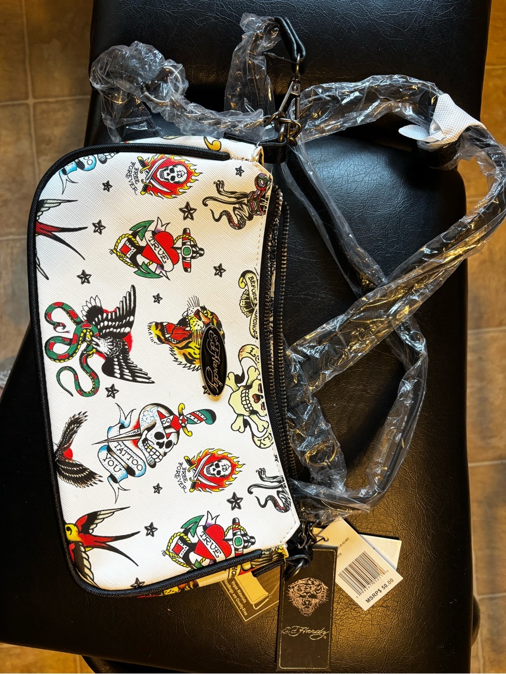 Ed Hardy White Tattoo-Print Crossbody with Multicolor Accents